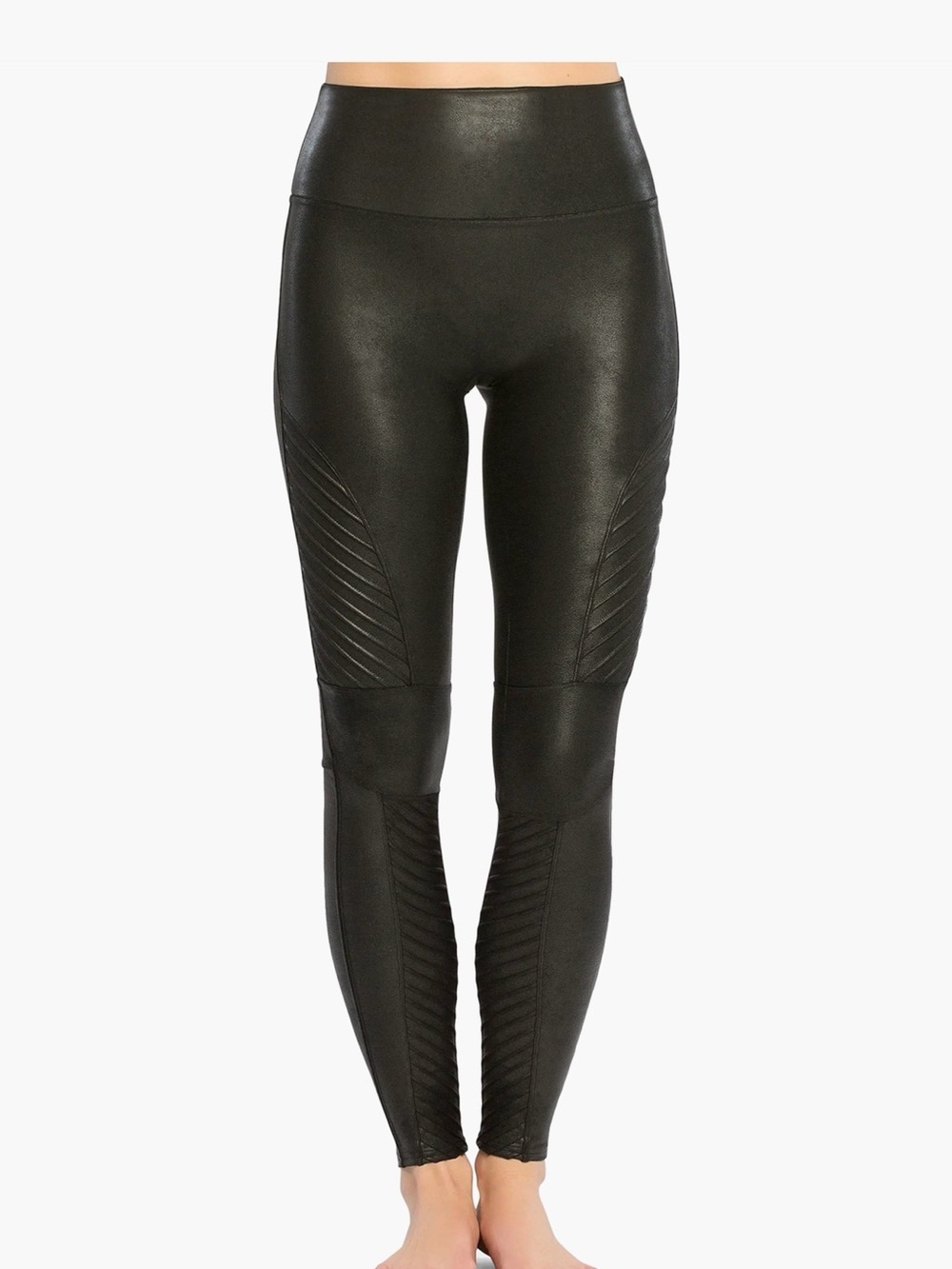 SPANX Black Faux-Leather High-Waisted Leggings with Moto Paneling